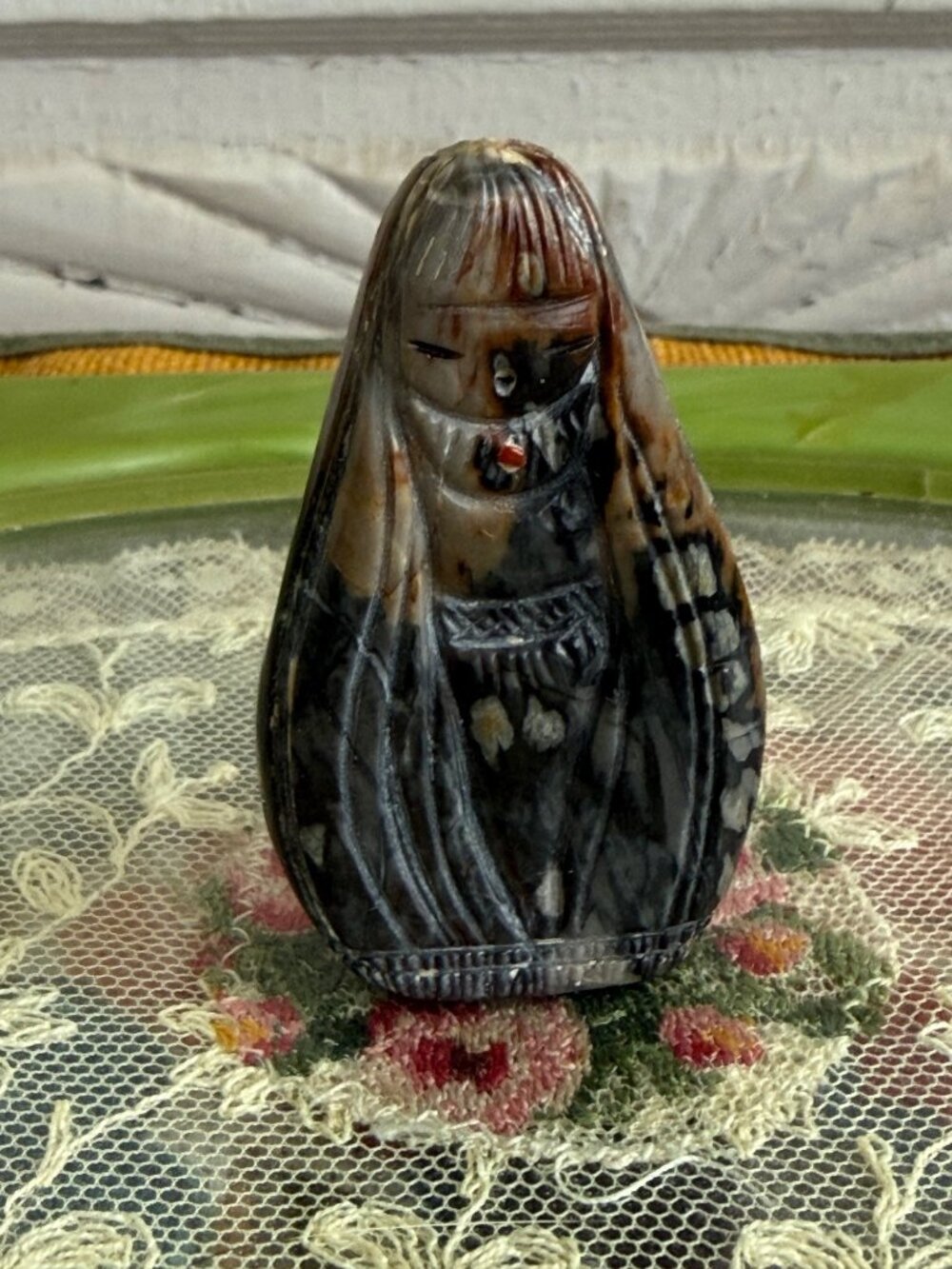 Vintage 60s Zuni Fetish Double Sided Corn Maiden Picasso Marble 2.25" tall
